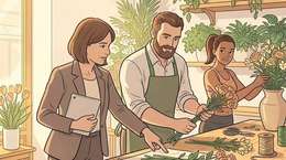 Illustrazione: tre persone diverse allo stesso bancone di un negozio di fiori, che lavorano insieme alla pari